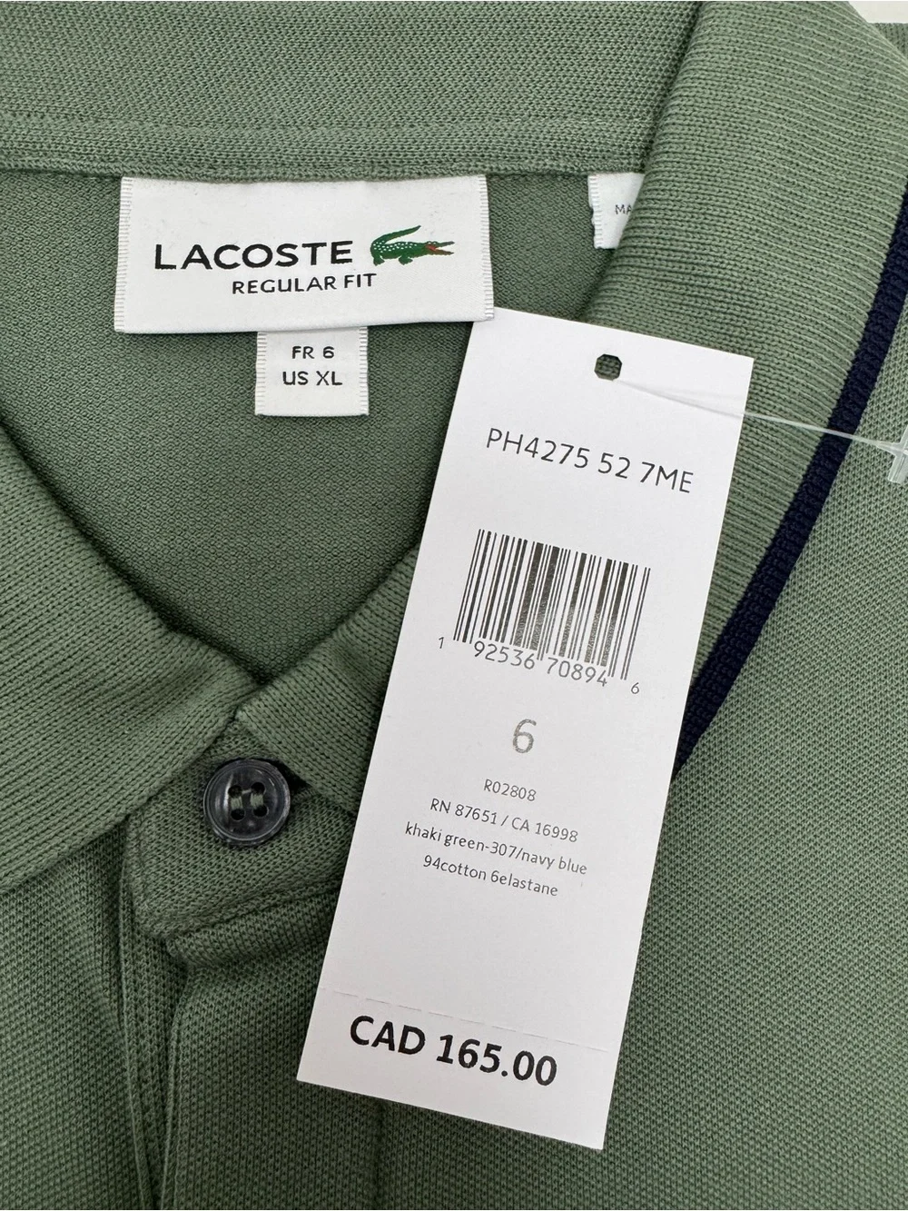 Lacoste Men’s Olive Green Polo with Contrast Navy Trim - Picture 2 of 4